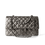 CHANEL Handbag Classic flap / Grey 21B Metallic Ruthenium Lambskin Quilted Classic Flap Medium Ruthenium Hardware - Redeluxe