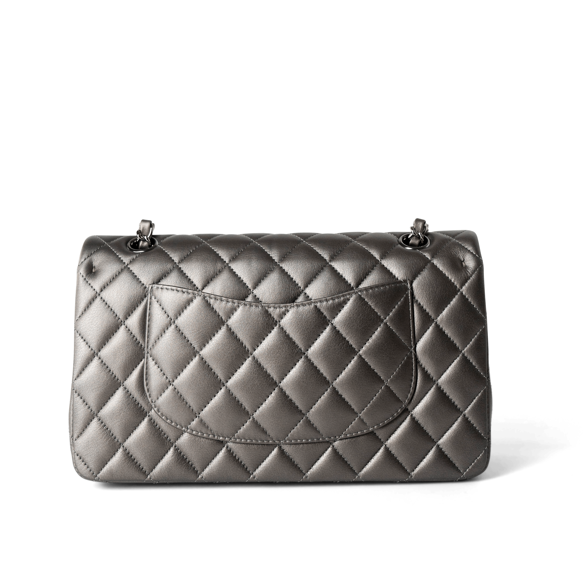 CHANEL Handbag Classic flap / Grey 21B Metallic Ruthenium Lambskin Quilted Classic Flap Medium Ruthenium Hardware - Redeluxe