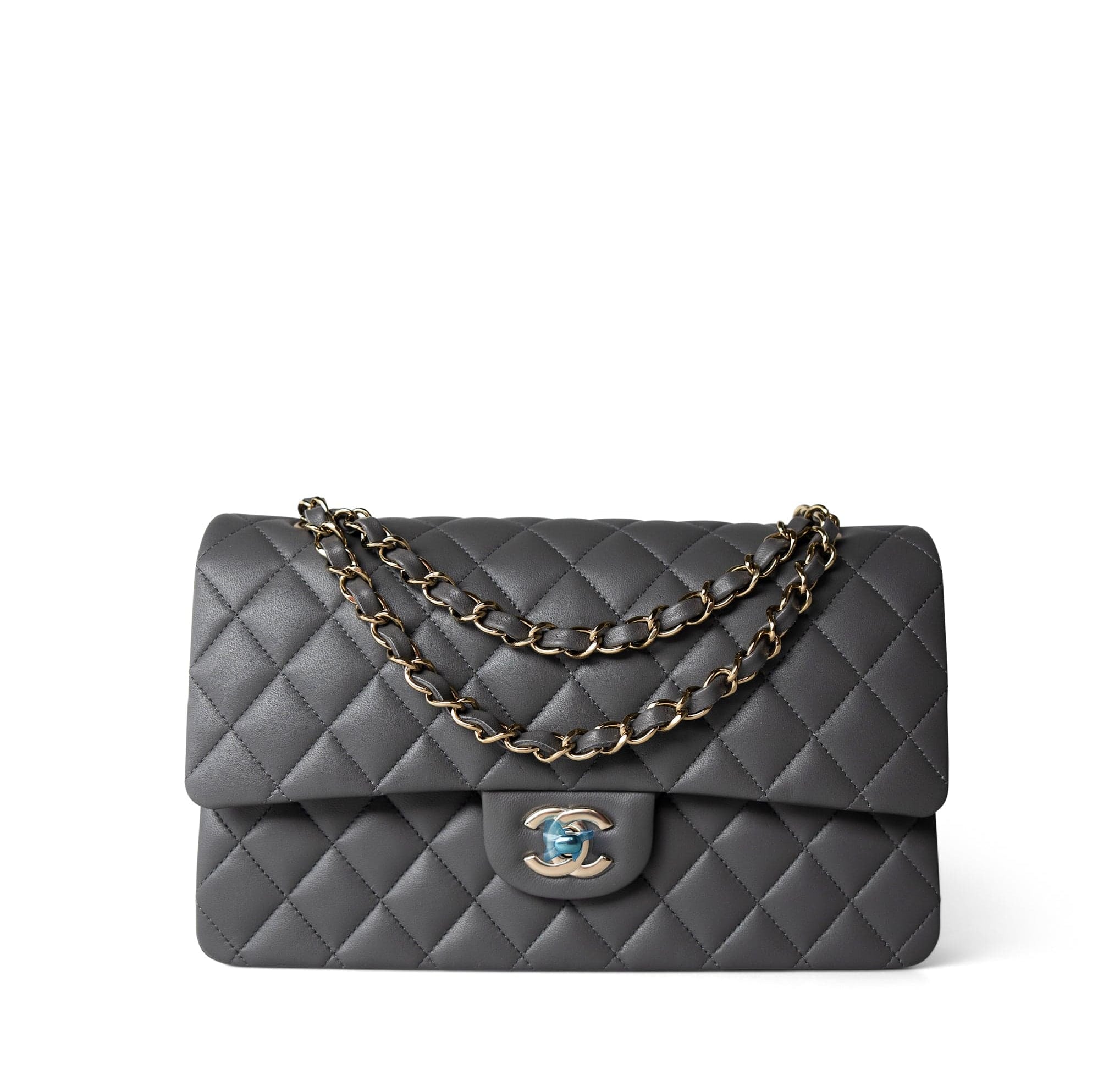 CHANEL Handbag Classic Flap / Grey 22A Dark Grey Lambskin Quilted Classic Flap Medium Light Gold Hardware - Redeluxe
