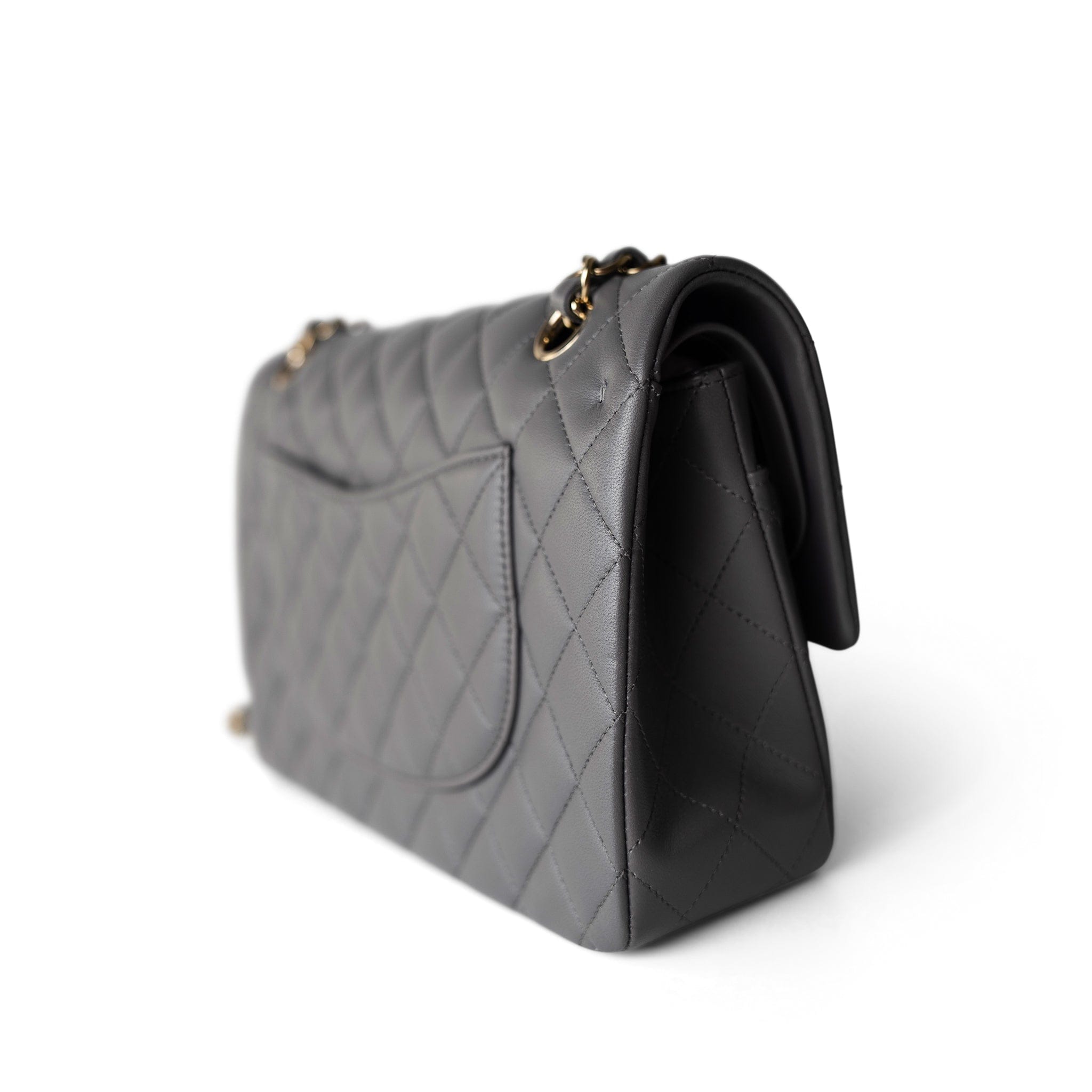 CHANEL Handbag Classic Flap / Grey 22A Dark Grey Lambskin Quilted Classic Flap Medium Light Gold Hardware - Redeluxe