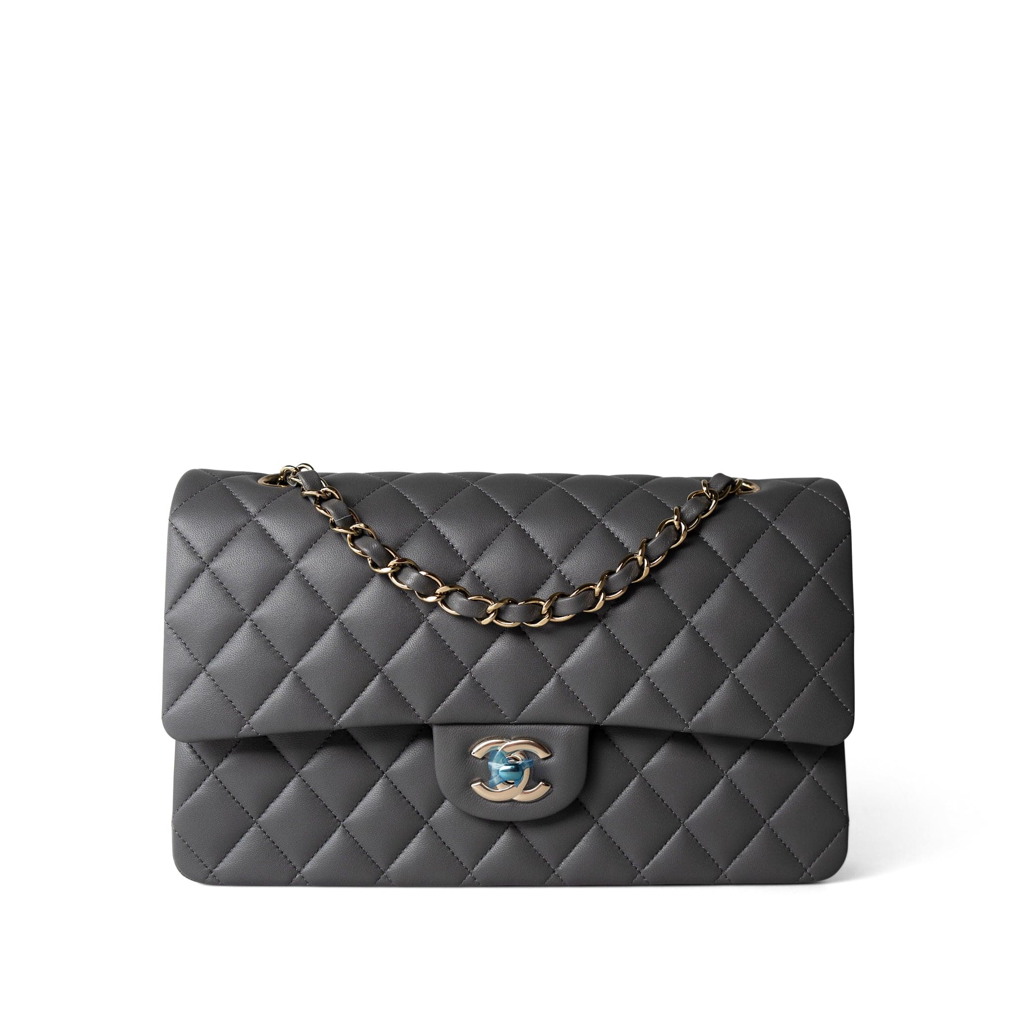 CHANEL Handbag Classic Flap / Grey 22A Dark Grey Lambskin Quilted Classic Flap Medium Light Gold Hardware - Redeluxe