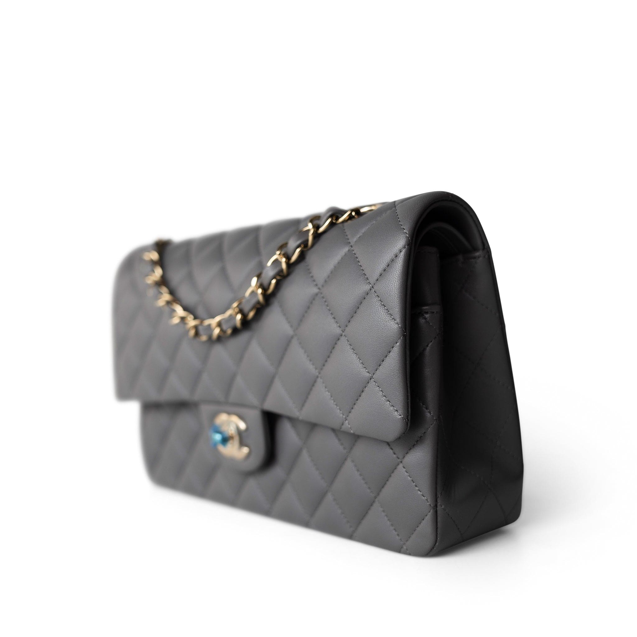 CHANEL Handbag Classic Flap / Grey 22A Dark Grey Lambskin Quilted Classic Flap Medium Light Gold Hardware - Redeluxe
