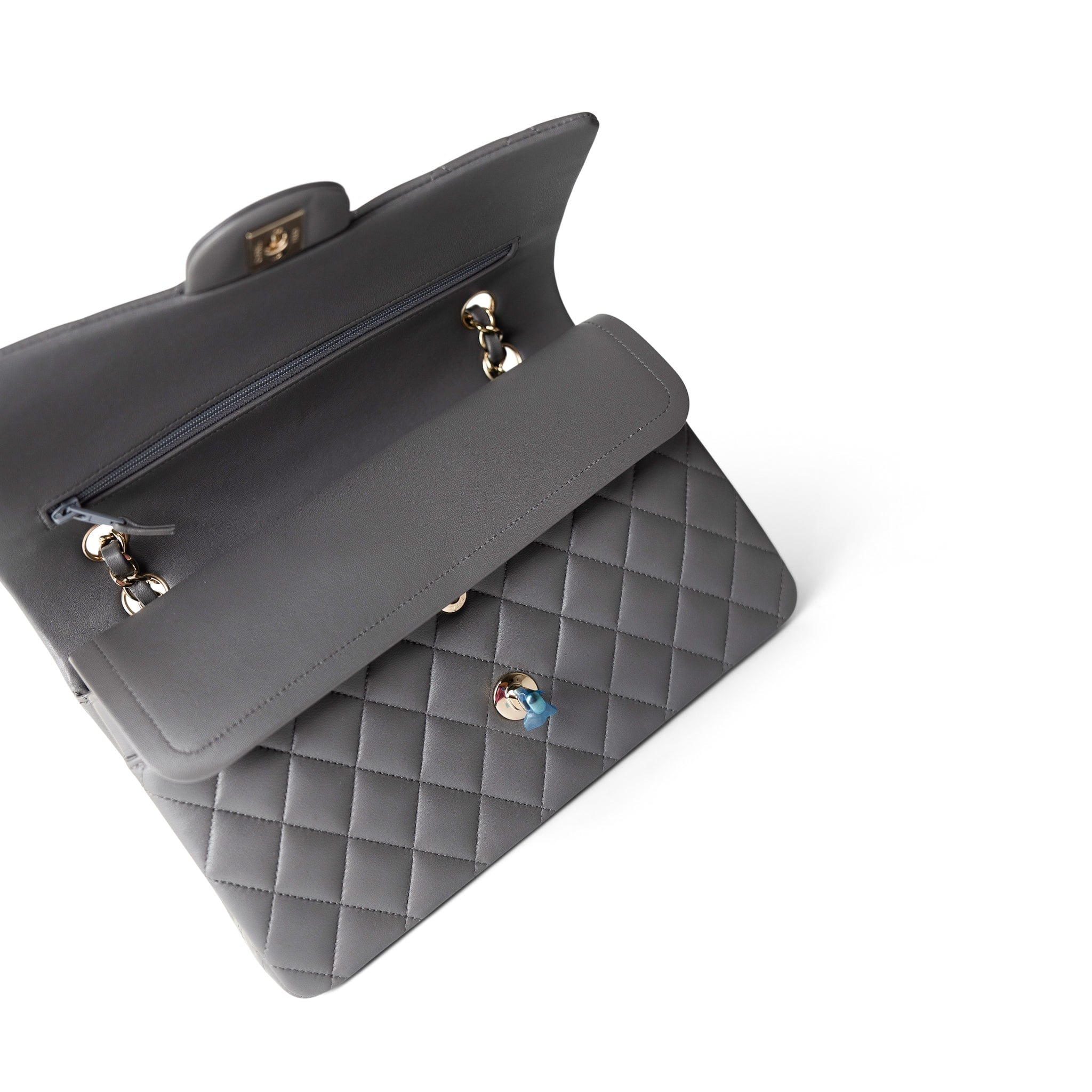 CHANEL Handbag Classic Flap / Grey 22A Dark Grey Lambskin Quilted Classic Flap Medium Light Gold Hardware - Redeluxe
