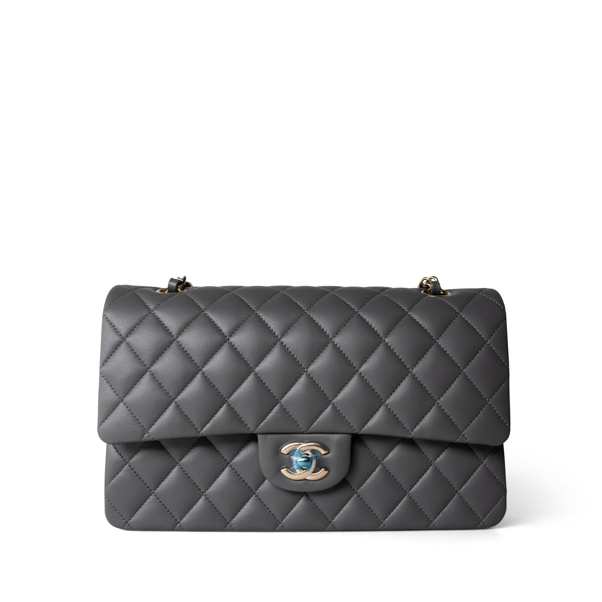 CHANEL Handbag Classic Flap / Grey 22A Dark Grey Lambskin Quilted Classic Flap Medium Light Gold Hardware - Redeluxe