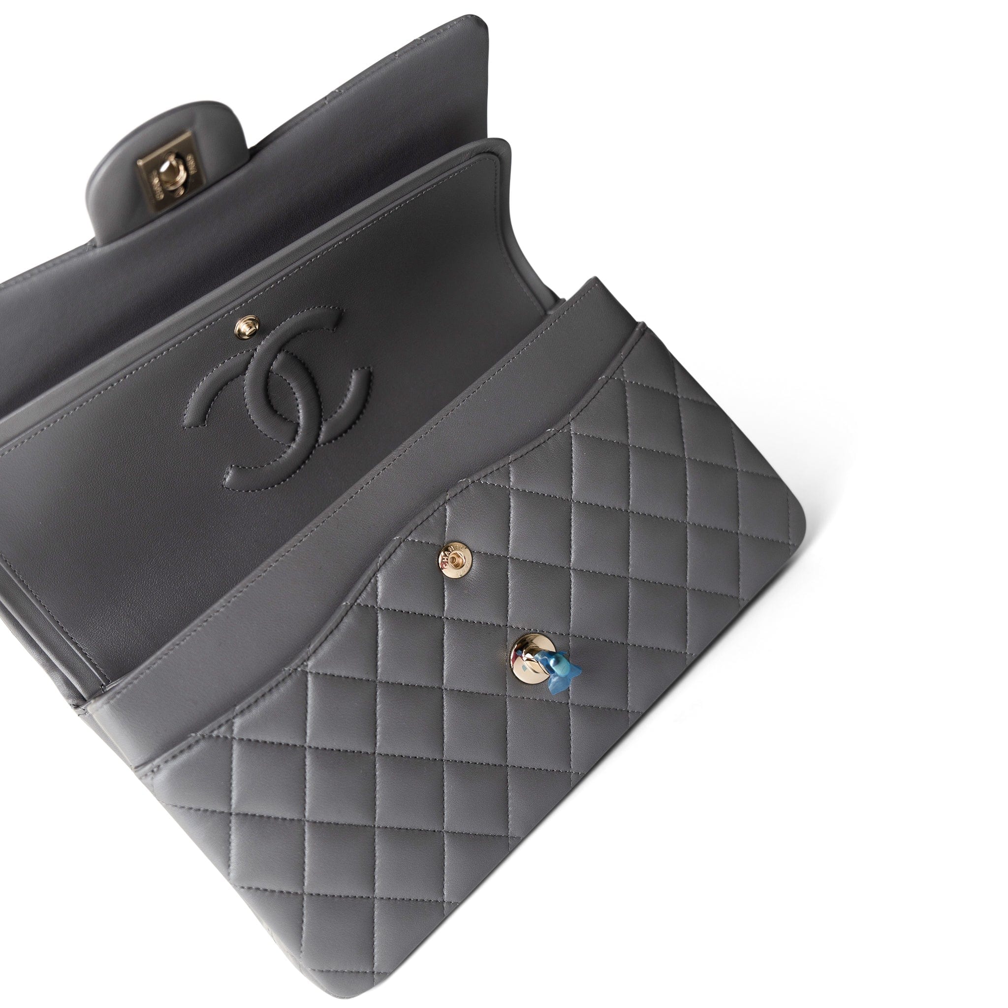 CHANEL Handbag Classic Flap / Grey 22A Dark Grey Lambskin Quilted Classic Flap Medium Light Gold Hardware - Redeluxe