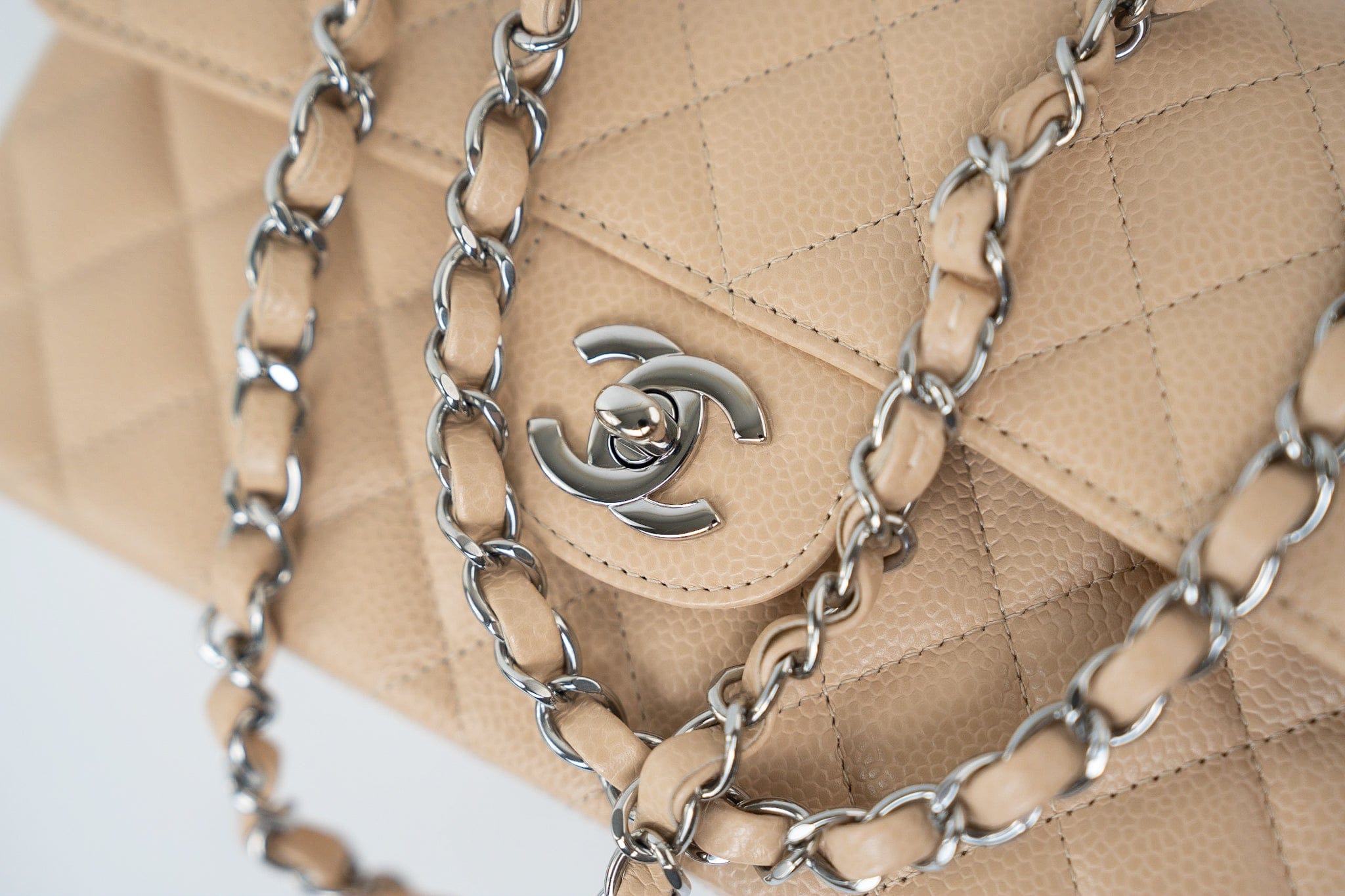 CHANEL Handbag Cream Beige Clair Caviar Quilted Classic Flap Small Silver Hardware - Redeluxe