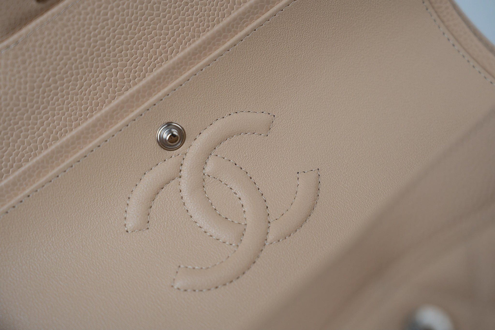 CHANEL Handbag Cream Beige Clair Caviar Quilted Classic Flap Small Silver Hardware - Redeluxe