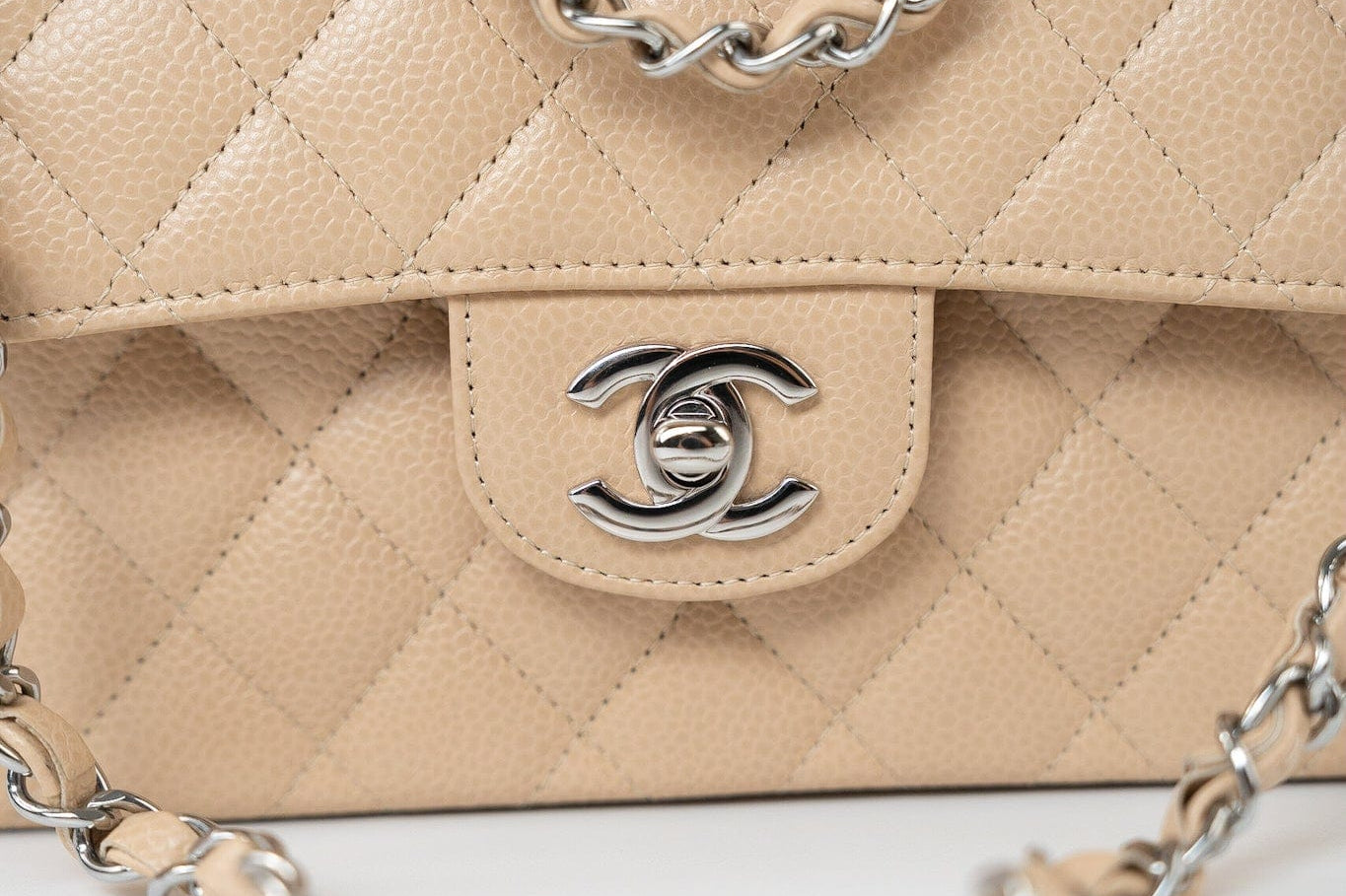 CHANEL Handbag Cream Beige Clair Caviar Quilted Classic Flap Small Silver Hardware - Redeluxe