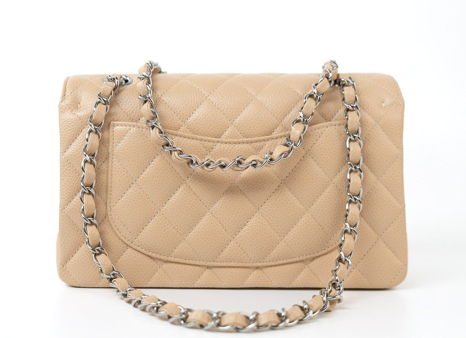 CHANEL Handbag Cream Beige Clair Caviar Quilted Classic Flap Small Silver Hardware - Redeluxe