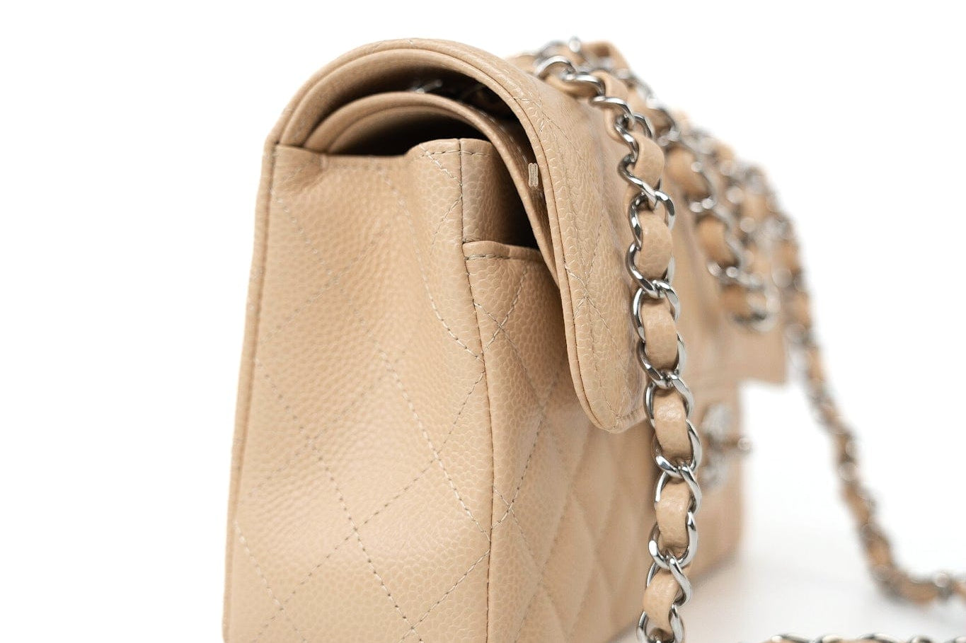 CHANEL Handbag Cream Beige Clair Caviar Quilted Classic Flap Small Silver Hardware - Redeluxe