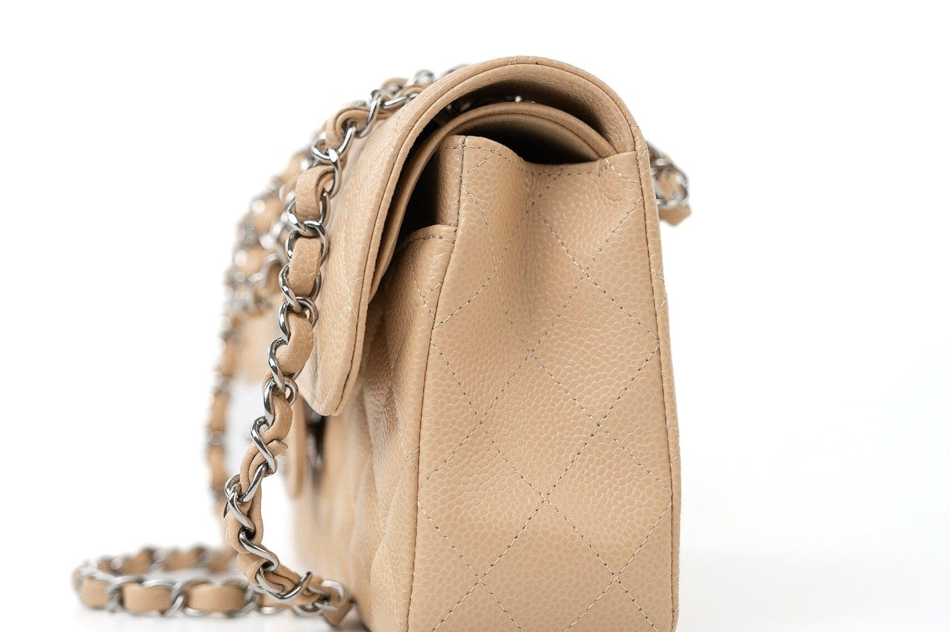 CHANEL Handbag Cream Beige Clair Caviar Quilted Classic Flap Small Silver Hardware - Redeluxe