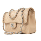 CHANEL Handbag Cream Beige Clair Caviar Quilted Classic Flap Small Silver Hardware - Redeluxe