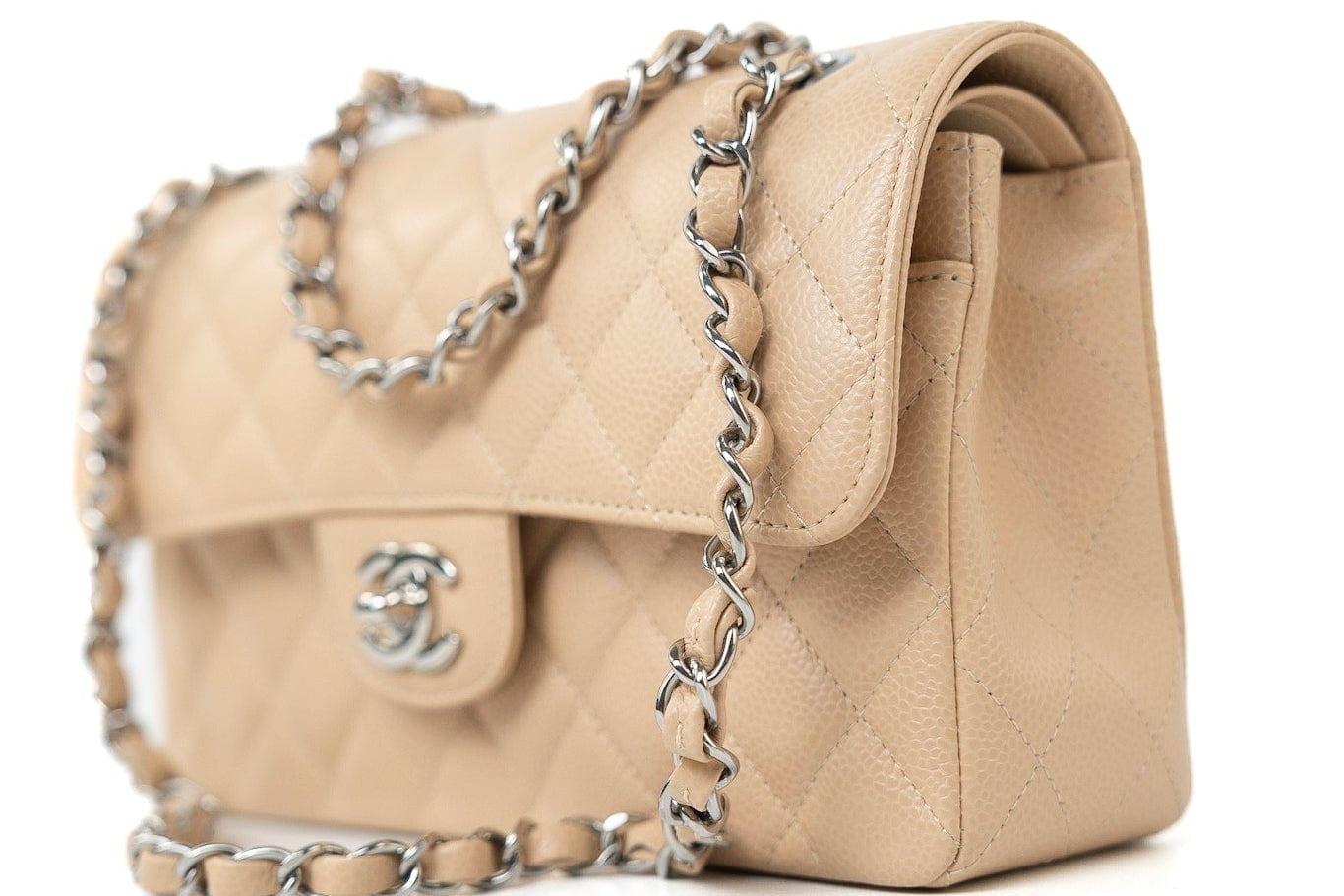 CHANEL Handbag Cream Beige Clair Caviar Quilted Classic Flap Small Silver Hardware - Redeluxe