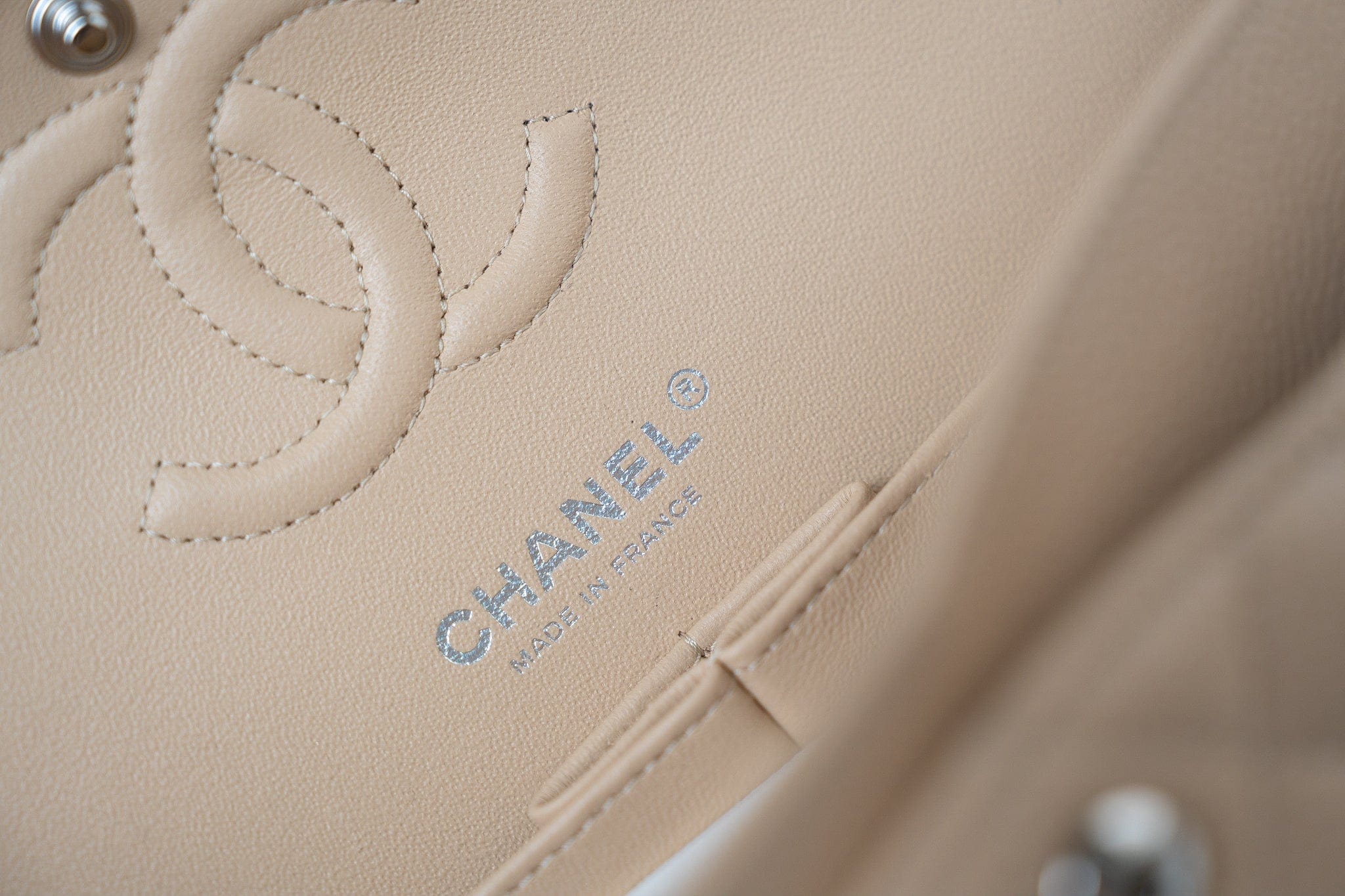 CHANEL Handbag Cream Beige Clair Caviar Quilted Classic Flap Small Silver Hardware - Redeluxe