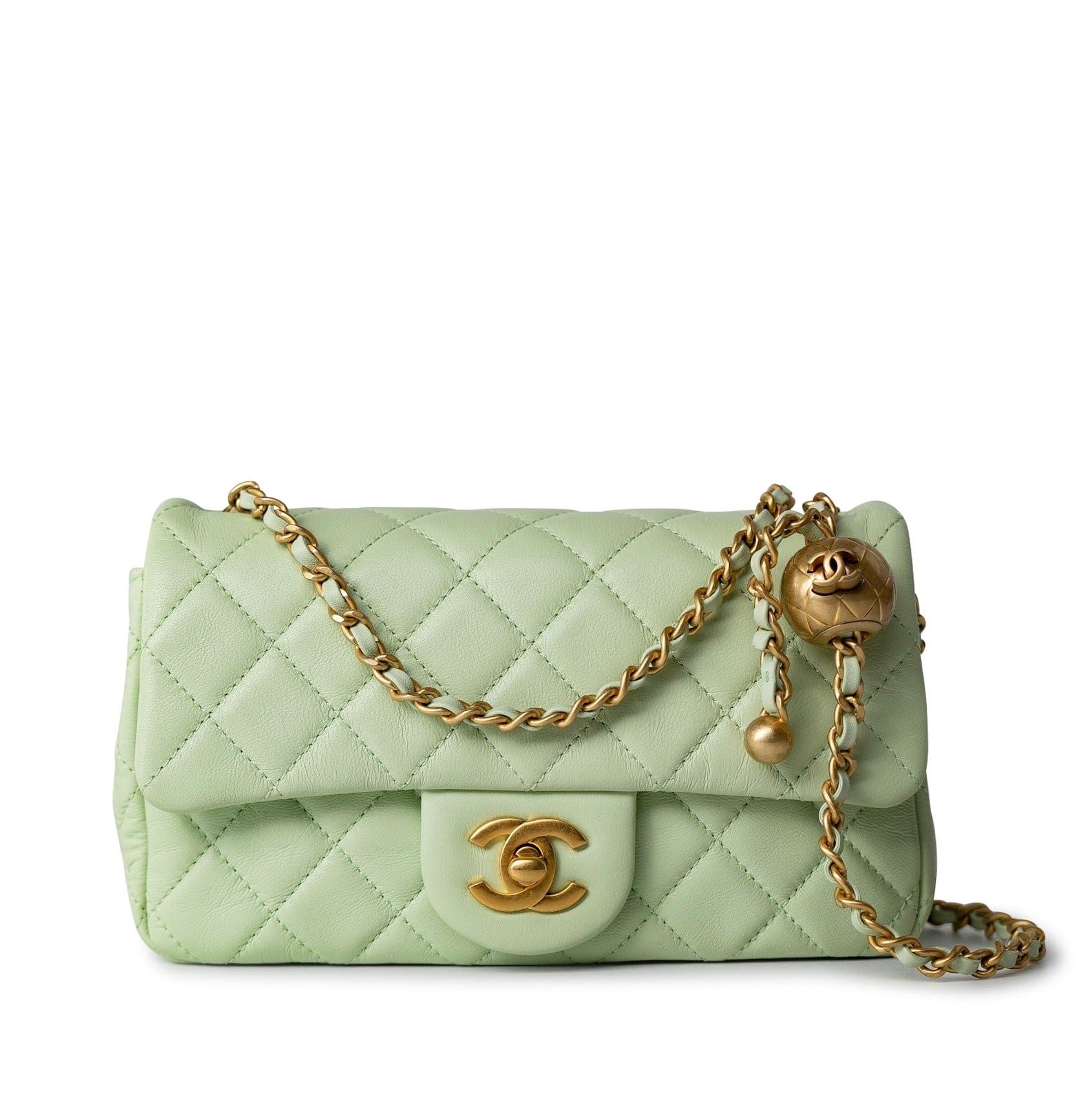 22C Light Green Lambskin Quilted Pearl Crush Mini Rectangular Flap