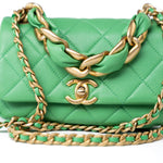 CHANEL Handbag Green Mini Green Lambskin Quilted Entwined Single Flap Antique Gold Hardware - Redeluxe