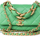 CHANEL Handbag Green Mini Green Lambskin Quilted Entwined Single Flap Antique Gold Hardware - Redeluxe