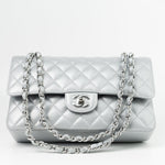 CHANEL Handbag Grey 23P Metallic Silver Lambskin Quilted Classic Flap Medium SHW Edge Stitching - Redeluxe