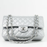 CHANEL Handbag Grey 23P Metallic Silver Lambskin Quilted Classic Flap Medium SHW Edge Stitching - Redeluxe