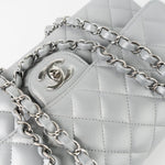 CHANEL Handbag Grey 23P Metallic Silver Lambskin Quilted Classic Flap Medium SHW Edge Stitching - Redeluxe