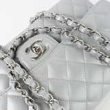 CHANEL Handbag Grey 23P Metallic Silver Lambskin Quilted Classic Flap Medium SHW Edge Stitching - Redeluxe
