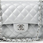 CHANEL Handbag Grey 23P Metallic Silver Lambskin Quilted Classic Flap Medium SHW Edge Stitching - Redeluxe