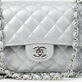 CHANEL Handbag Grey 23P Metallic Silver Lambskin Quilted Classic Flap Medium SHW Edge Stitching - Redeluxe