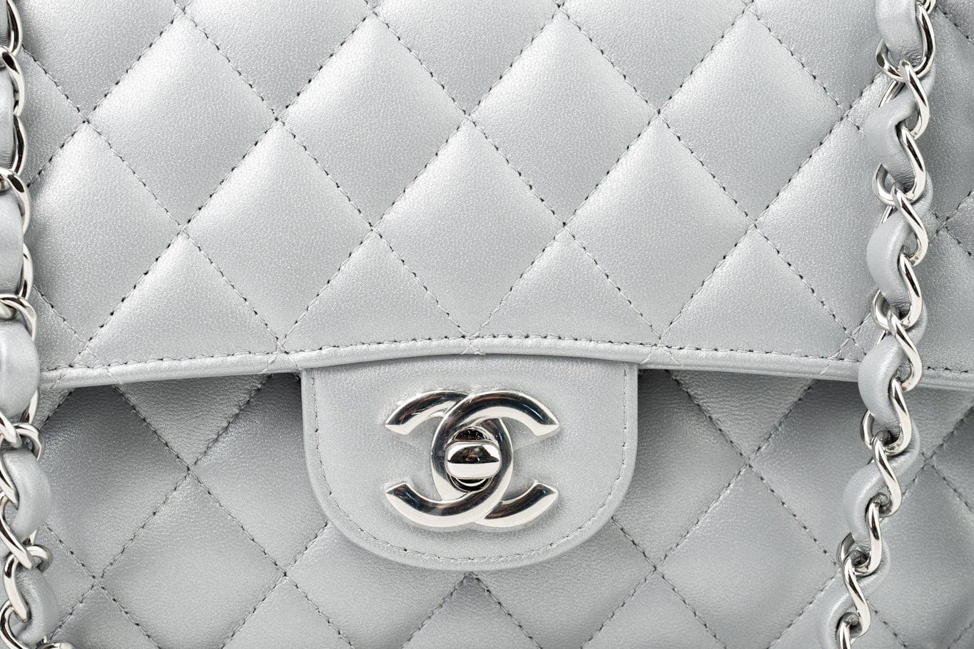 CHANEL Handbag Grey 23P Metallic Silver Lambskin Quilted Classic Flap Medium SHW Edge Stitching - Redeluxe