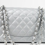 CHANEL Handbag Grey 23P Metallic Silver Lambskin Quilted Classic Flap Medium SHW Edge Stitching - Redeluxe