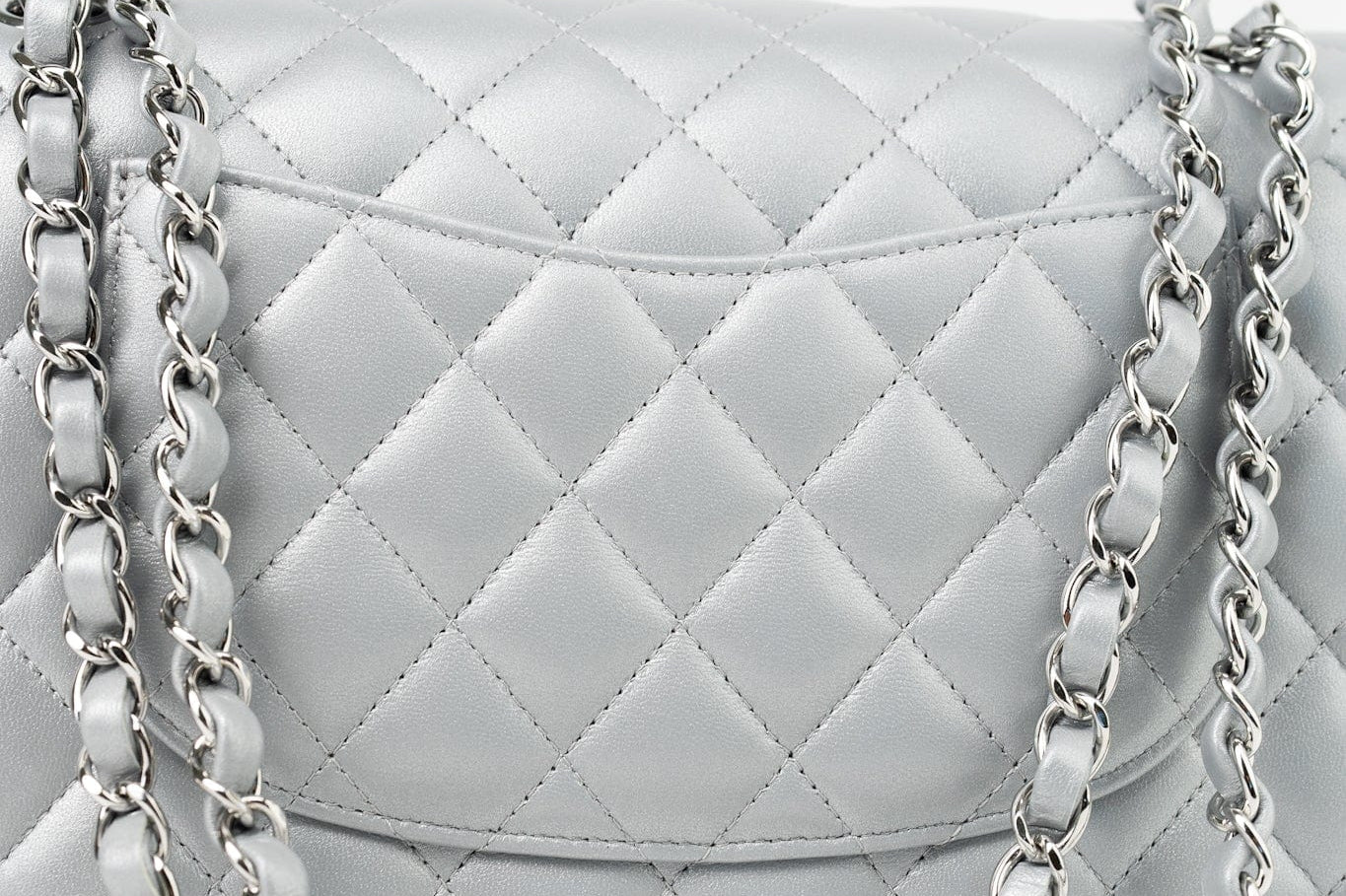 CHANEL Handbag Grey 23P Metallic Silver Lambskin Quilted Classic Flap Medium SHW Edge Stitching - Redeluxe