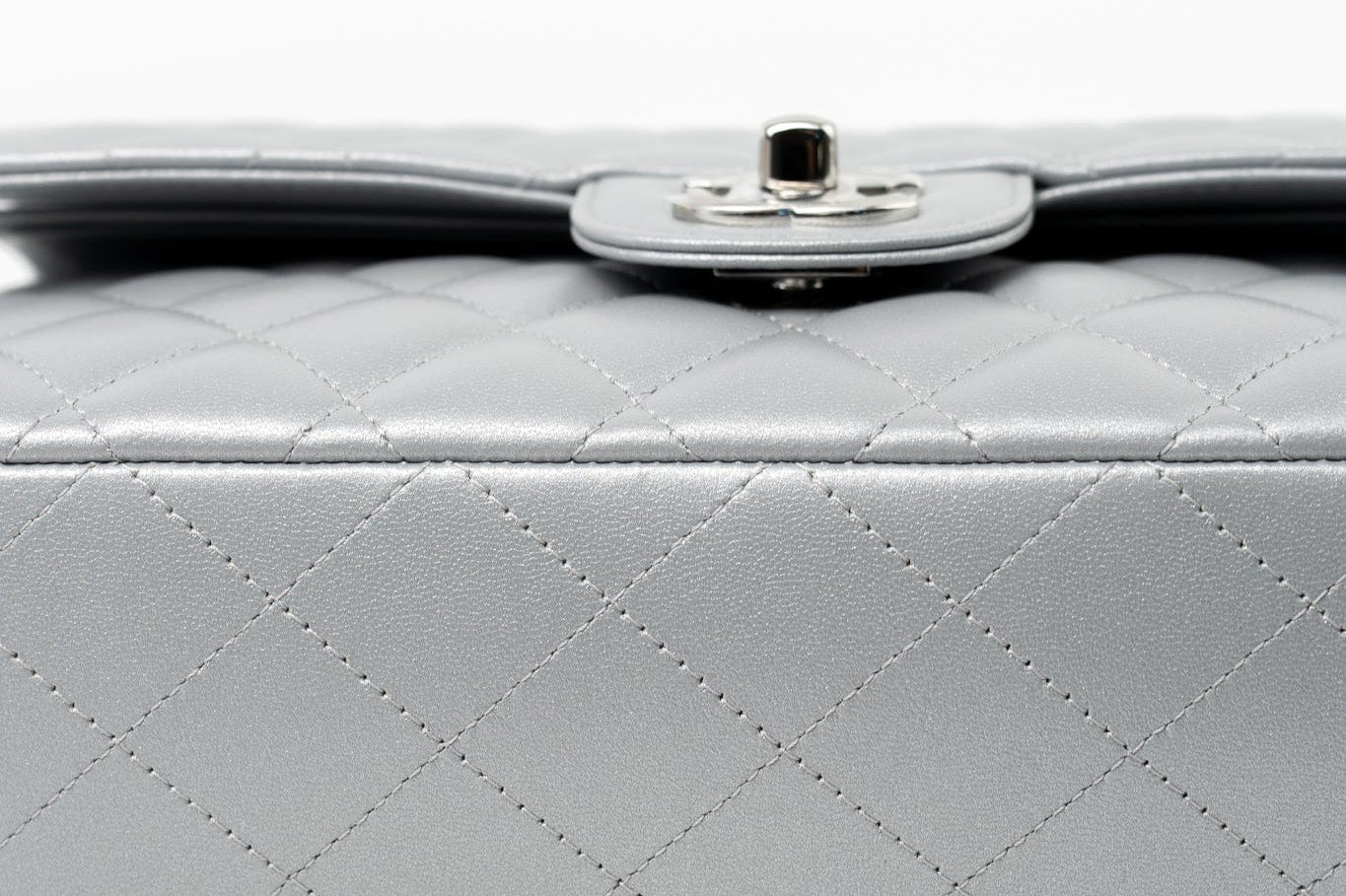 CHANEL Handbag Grey 23P Metallic Silver Lambskin Quilted Classic Flap Medium SHW Edge Stitching - Redeluxe