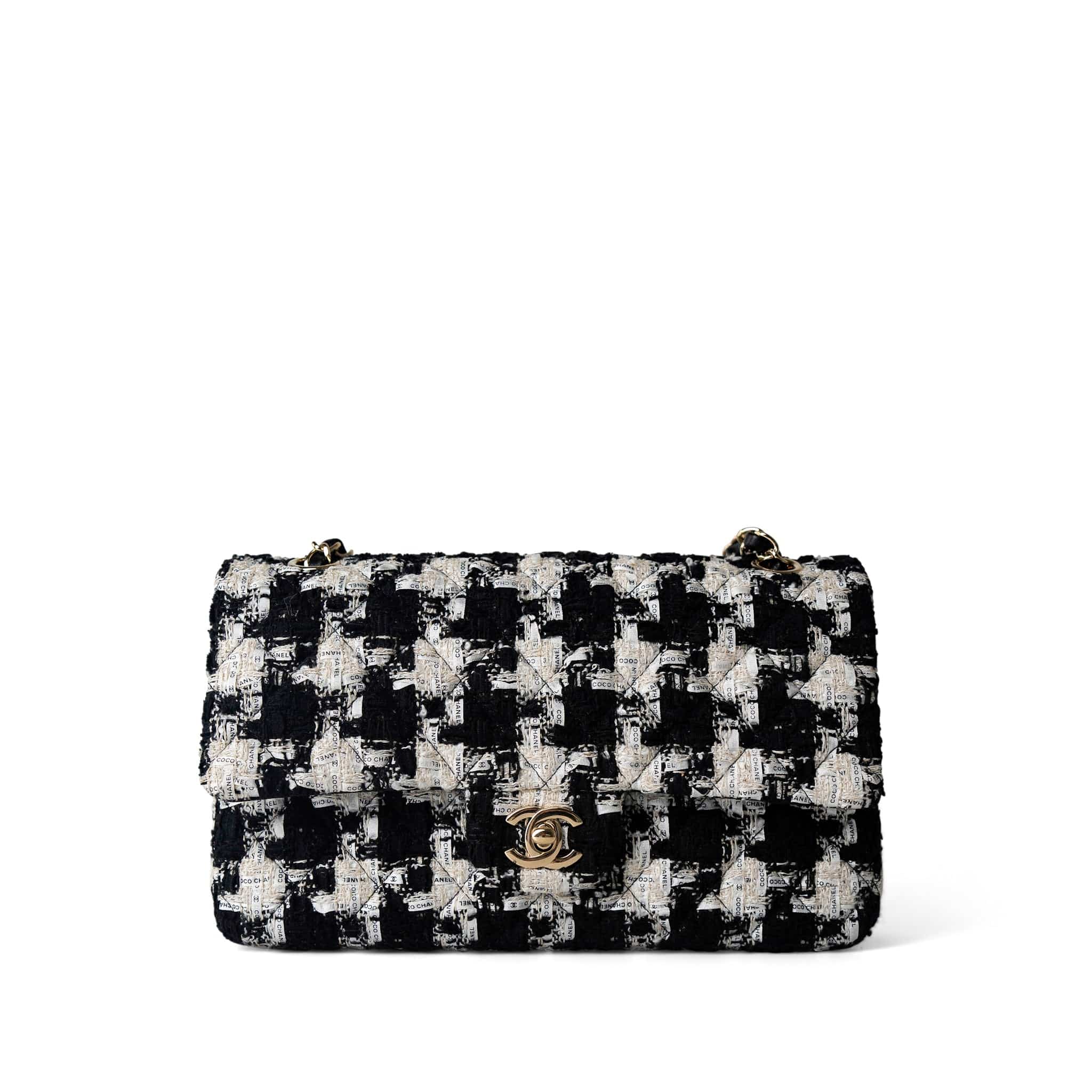 CHANEL Handbag Multicolor 20s Black White Houndstooth Tweed Quilted Classic Flap Medium Light Gold Hardware - Redeluxe