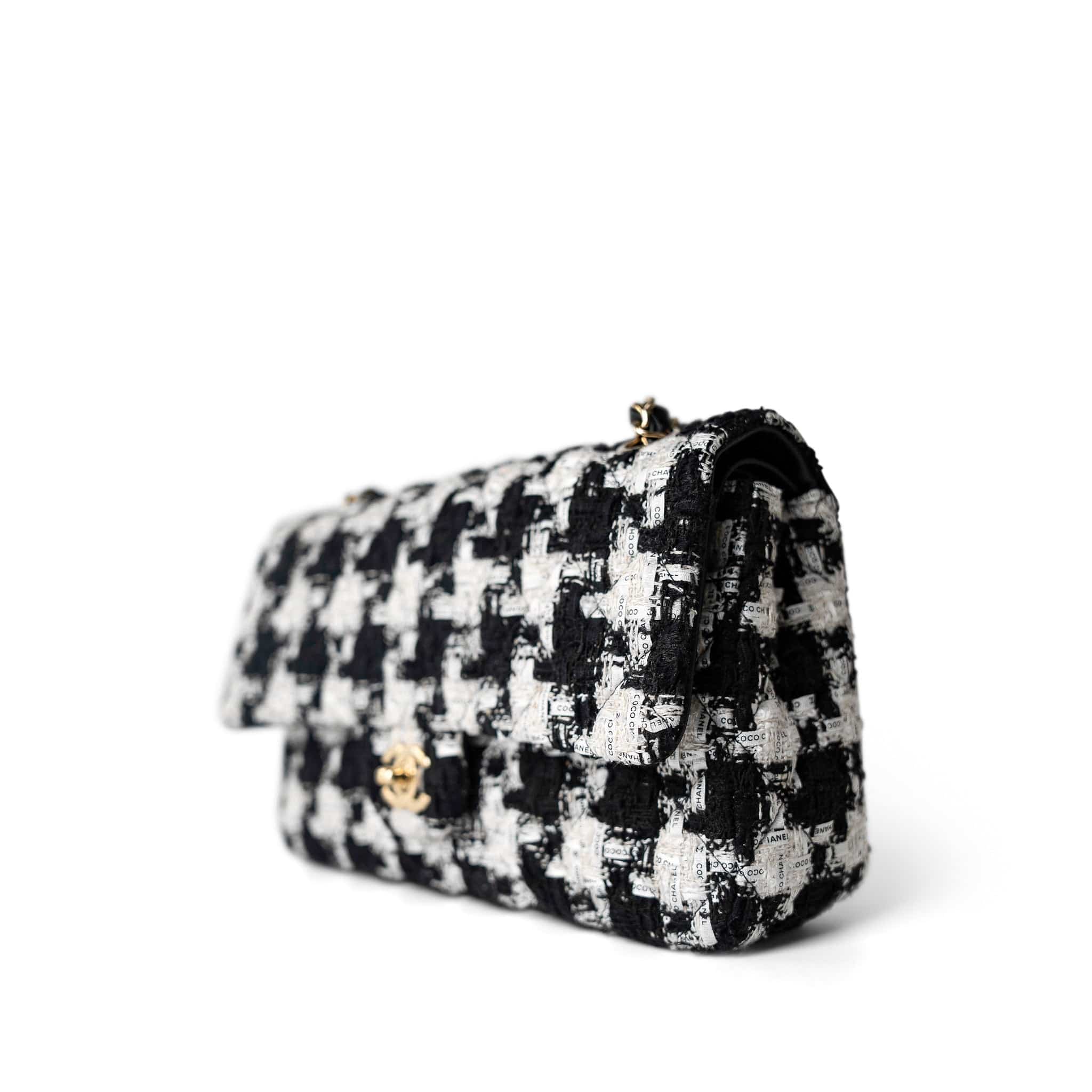 CHANEL Handbag Multicolor 20s Black White Houndstooth Tweed Quilted Classic Flap Medium Light Gold Hardware - Redeluxe