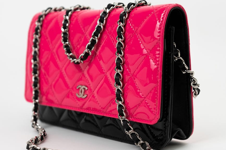 CHANEL Handbag Patent Quilted Pink Black Bi-Color Wallet On Chain WOC - Redeluxe