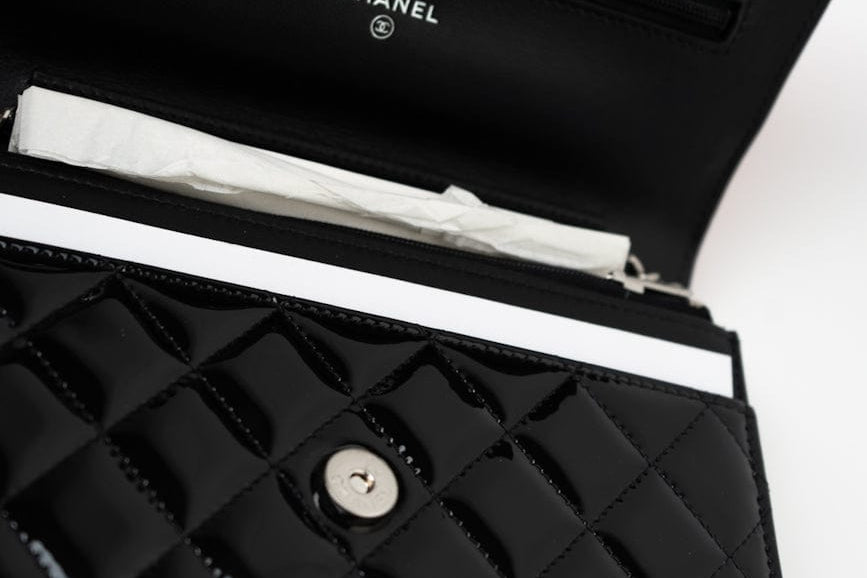 CHANEL Handbag Patent Quilted Pink Black Bi-Color Wallet On Chain WOC - Redeluxe