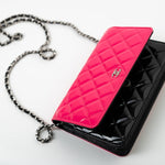 CHANEL Handbag Patent Quilted Pink Black Bi-Color Wallet On Chain WOC - Redeluxe