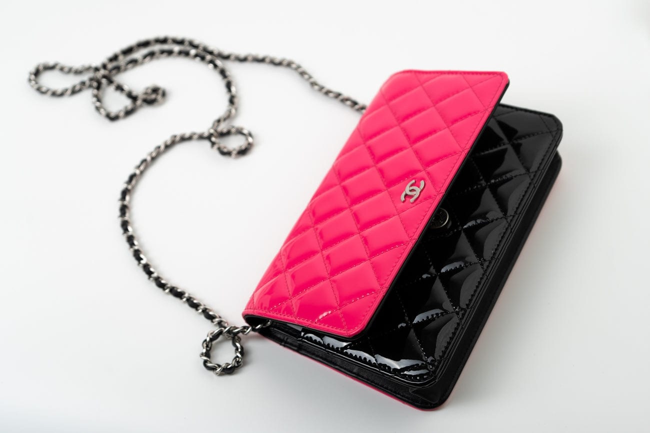 CHANEL Handbag Patent Quilted Pink Black Bi-Color Wallet On Chain WOC - Redeluxe