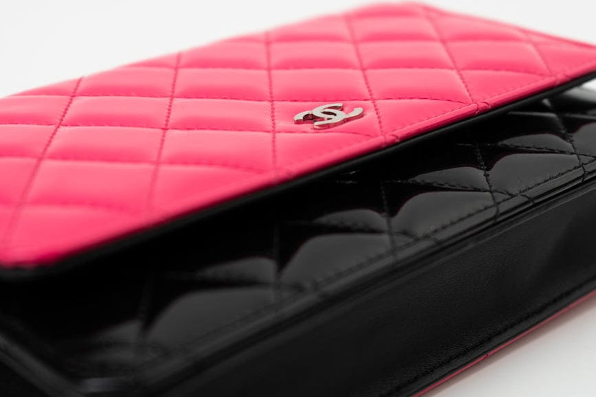 CHANEL Handbag Patent Quilted Pink Black Bi-Color Wallet On Chain WOC - Redeluxe