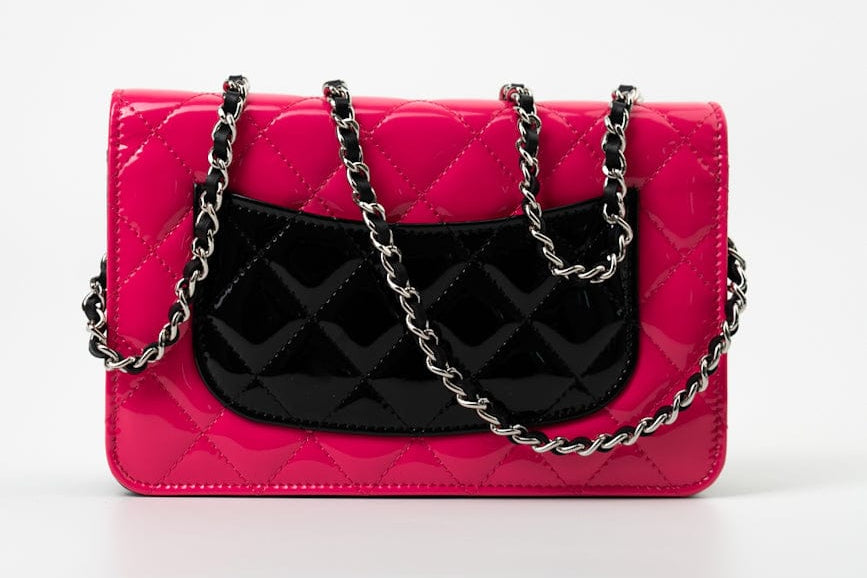 CHANEL Handbag Patent Quilted Pink Black Bi-Color Wallet On Chain WOC - Redeluxe