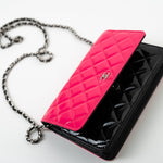 CHANEL Handbag Patent Quilted Pink Black Bi-Color Wallet On Chain WOC - Redeluxe