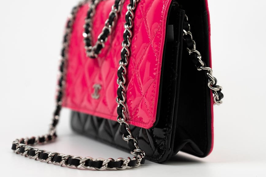 CHANEL Handbag Patent Quilted Pink Black Bi-Color Wallet On Chain WOC - Redeluxe