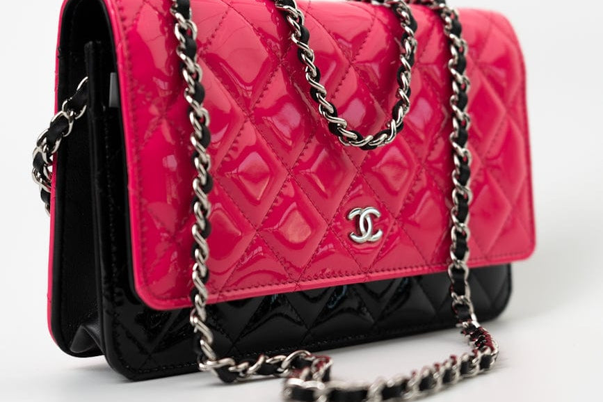 CHANEL Handbag Patent Quilted Pink Black Bi-Color Wallet On Chain WOC - Redeluxe