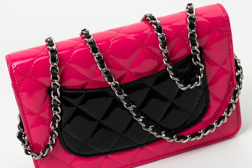 CHANEL Handbag Patent Quilted Pink Black Bi-Color Wallet On Chain WOC - Redeluxe