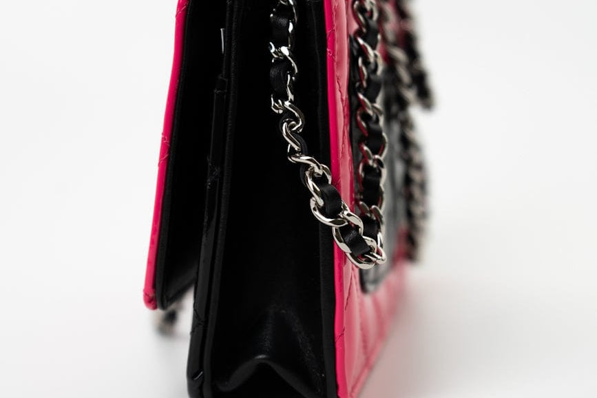 CHANEL Handbag Patent Quilted Pink Black Bi-Color Wallet On Chain WOC - Redeluxe