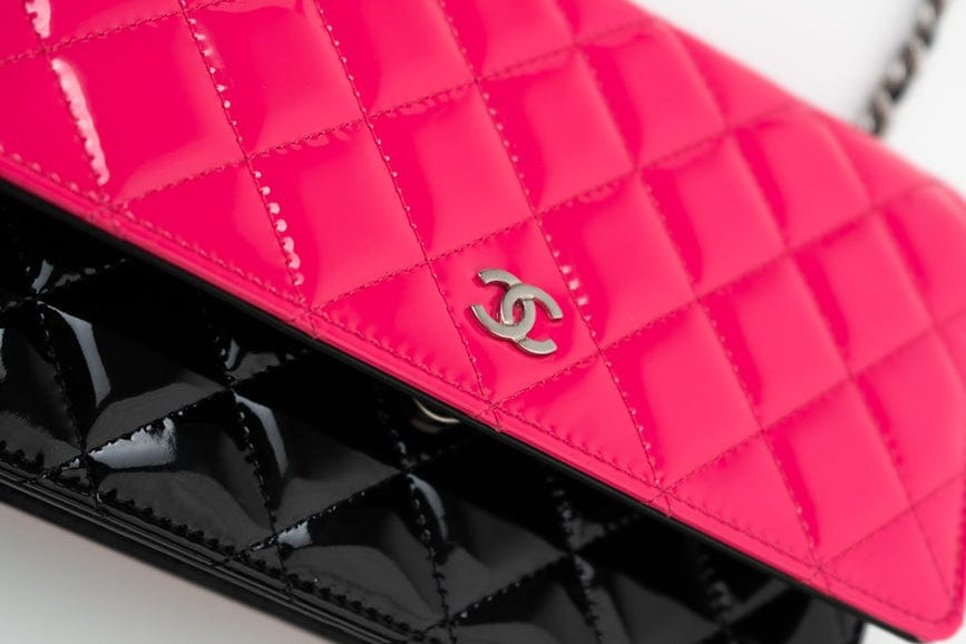 CHANEL Handbag Patent Quilted Pink Black Bi-Color Wallet On Chain WOC - Redeluxe