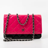 CHANEL Handbag Patent Quilted Pink Black Bi-Color Wallet On Chain WOC - Redeluxe