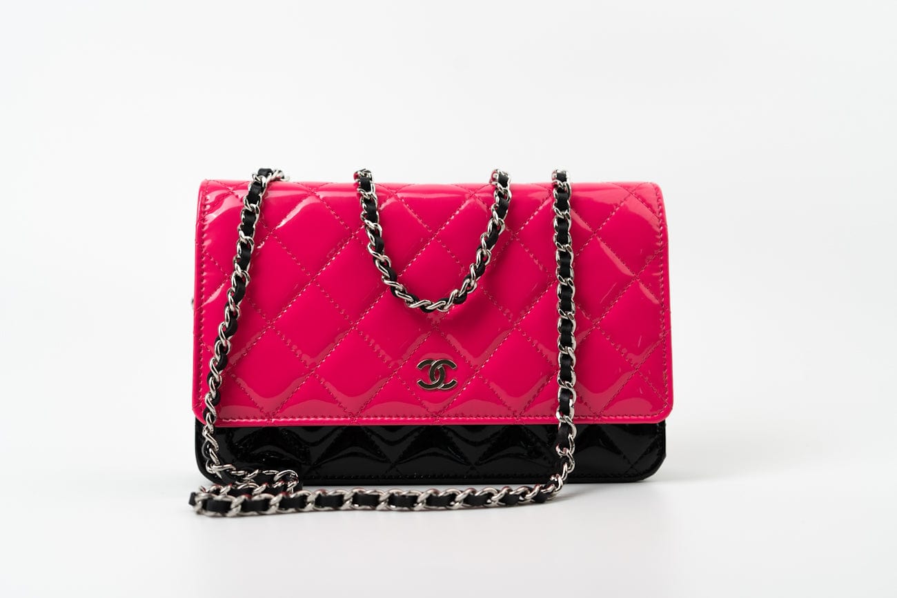 CHANEL Handbag Patent Quilted Pink Black Bi-Color Wallet On Chain WOC - Redeluxe