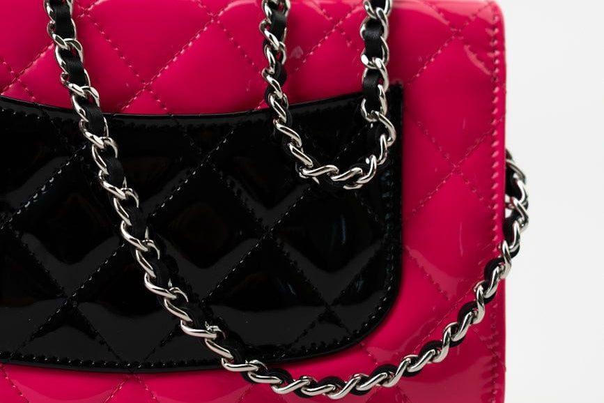CHANEL Handbag Patent Quilted Pink Black Bi-Color Wallet On Chain WOC - Redeluxe