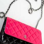 CHANEL Handbag Patent Quilted Pink Black Bi-Color Wallet On Chain WOC - Redeluxe