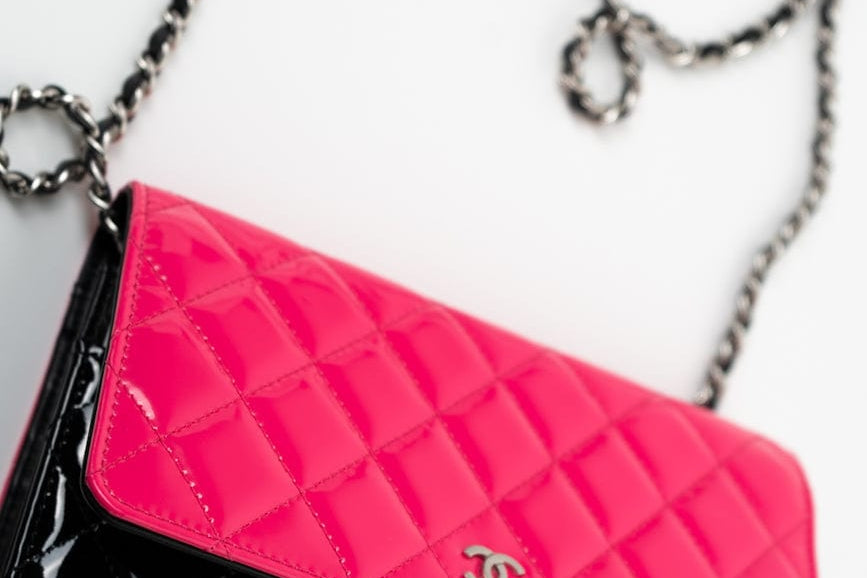 CHANEL Handbag Patent Quilted Pink Black Bi-Color Wallet On Chain WOC - Redeluxe